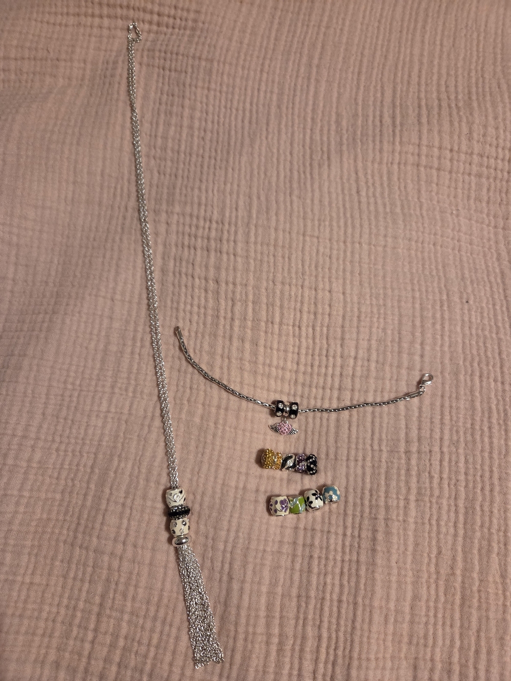 Silvertone Tassel Charm Necklace & Bracelet with Enamel Crystal Bead Charms
